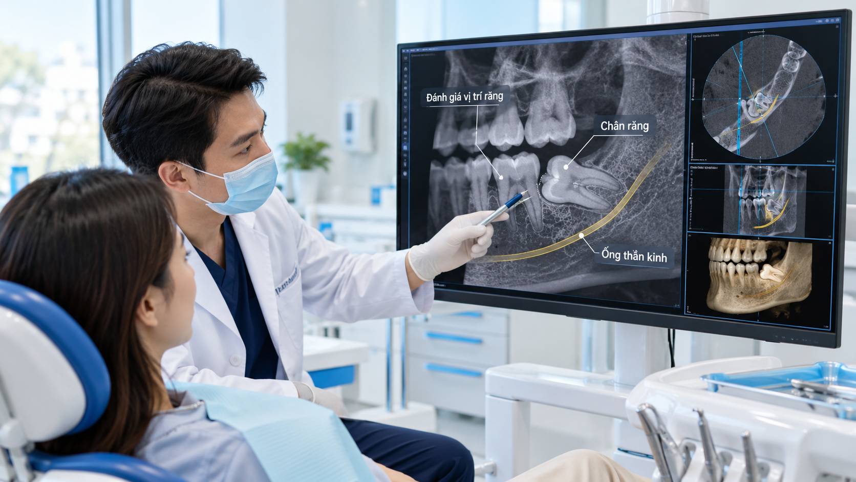Bác sĩ đánh giá răng khôn và cấu trúc lân cận trên X-quang hoặc CBCT